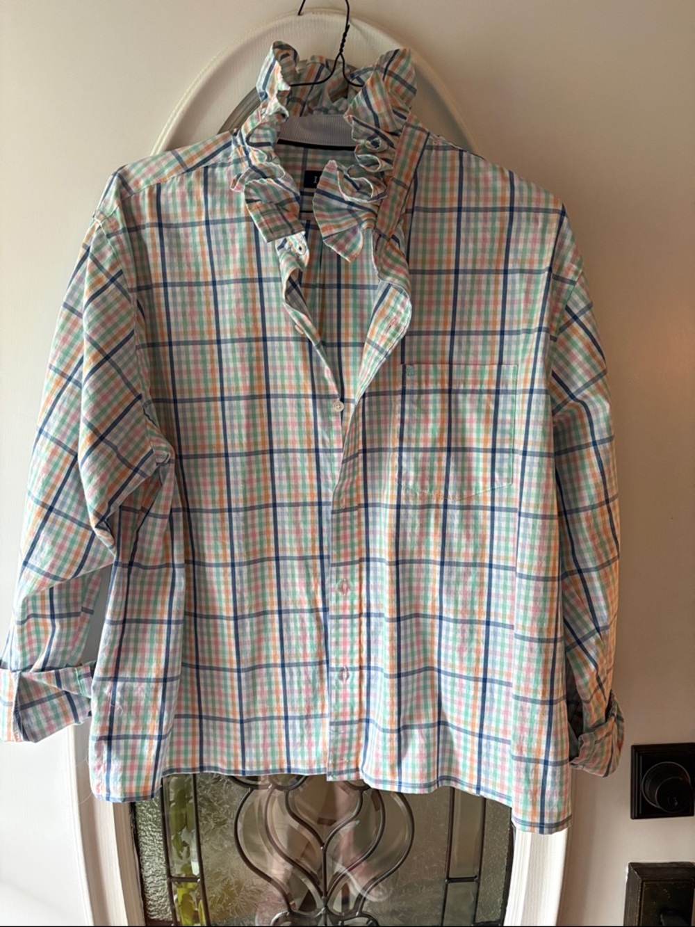 Izod Pastel Plaid Ruffled Collar Shirt - Blue, Pink, Green, Peach